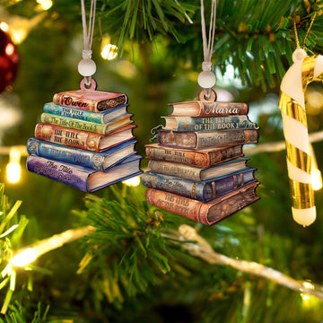 Personalized 2D Bookstack Christmas Ornament, Book Lover Gift Bookworm Ornament CF161