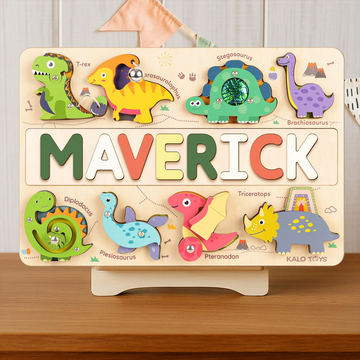 Personalized Dino Name Puzzle Busy Board, Wooden Montessori Toys, Baby Gift, Baby Girl- Boy Toys, Gift for Kid, First Birthday Gift NP59