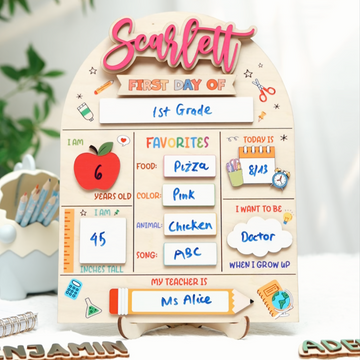 Personalized children's first day of school sign with name 'Scarlett' and various educational elements.