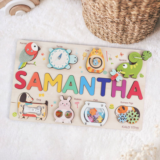 Personalized Name Puzzle for Toddlers - Montessori Wooden Puzzle with Sensory Features, Fine Motor Skill Development, and Pet-Themed Educational Fun for Kids 1-4 NP55