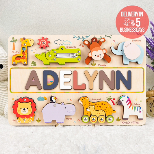 Personalized Safari Name Puzzle Busy Board, Montessori Wooden Toys - Made in USA - Fast shipping NP58