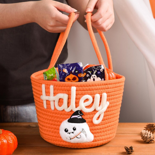 Personalized Halloween Trick or Treat Basket – Custom Candy Bag with Name | Durable Cotton Rope Tote for Kids