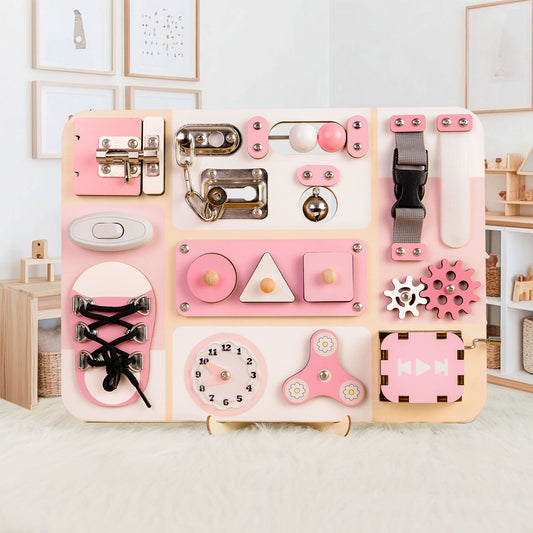 Montessori Busy Board for Toddlers, Wooden Sensory Activity Board with Locks, Buckles, Clock & Gears, Travel Learning Toy, Fine Motor Skills Toy, 1 Year Old Birthday Gifts