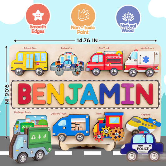 Personalized Vehicle Name Puzzle Busy Board, Montessori Wooden Toys, Baby Girl- Boy Toys, Gift for Kid, First Birthday Gift NP56