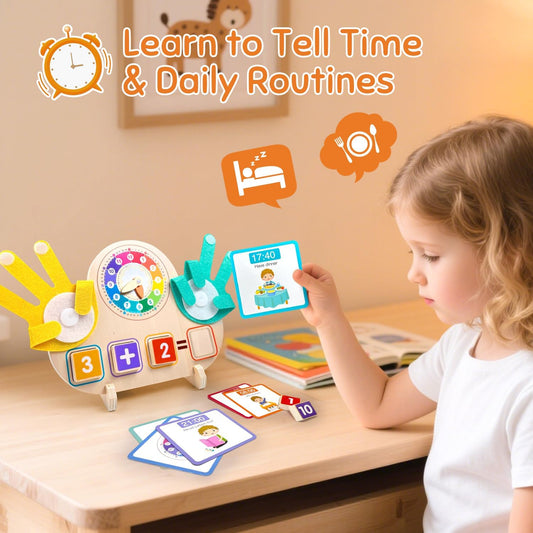 Montessori Math & Clock Learning Toy for Kids Ages 3-5, Wooden Educational Toy with Number Blocks, Counting Hands & Routine Cards – Learn Addition