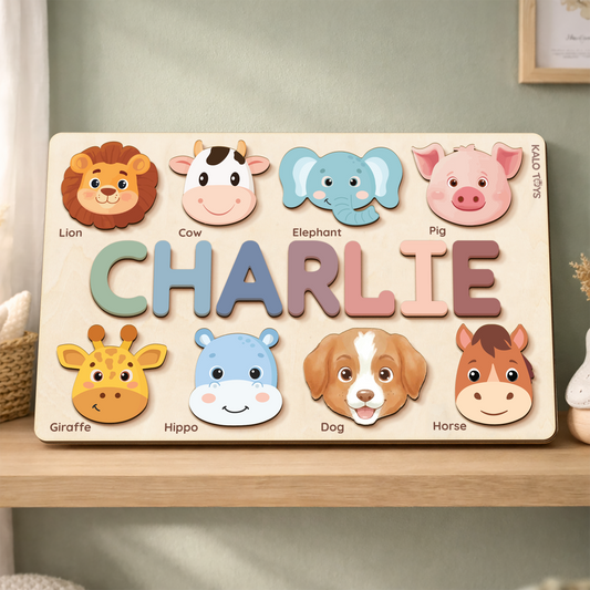 Personalized Name Puzzle for Toddlers 1-3, Wooden Montessori Animal Learning Toy, Custom Baby 1st Birthday Gift, Nursery Decor Keepsake