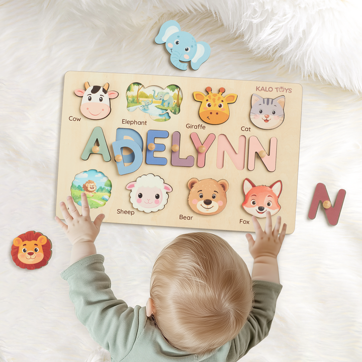 Personalized Wooden Busy Board Name Puzzle, Montessori Farm Animal Toys ...