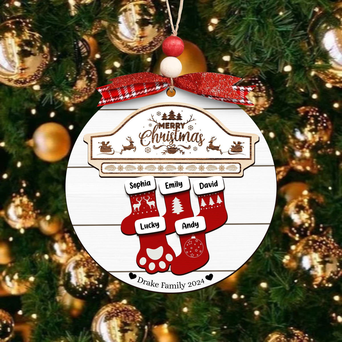 Custom Wooden Family Christmas Ornament 2024, Family Name Stocking Ornament CF14 - Kindlytoys