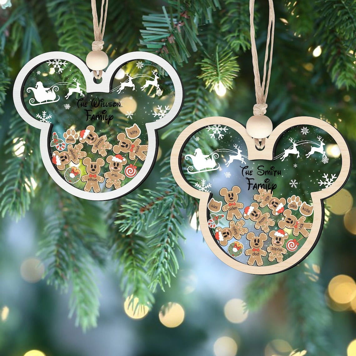 Gingerbread Mickey Mouse Family Ornament, Personalized Family Ornaments With Pets, 3 Layer Wooden Ornament CF74 - Kindlytoys