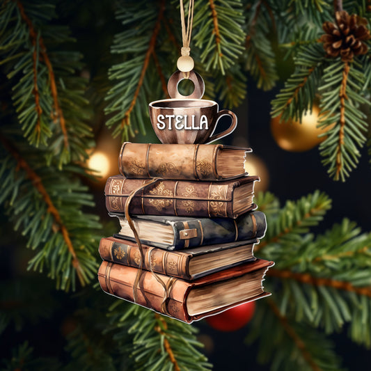 Personalized Book Ornament, Book Stacks Wooden Ornament, Book Lovers Christmas CF103