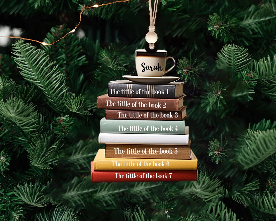 Personalized Flat Christmas Books Stack Ornament, Book Lover Christmas Ornament CF95