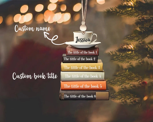 Personalized Flat Christmas Books Stack Ornament, Book Lover Christmas Ornament CF95
