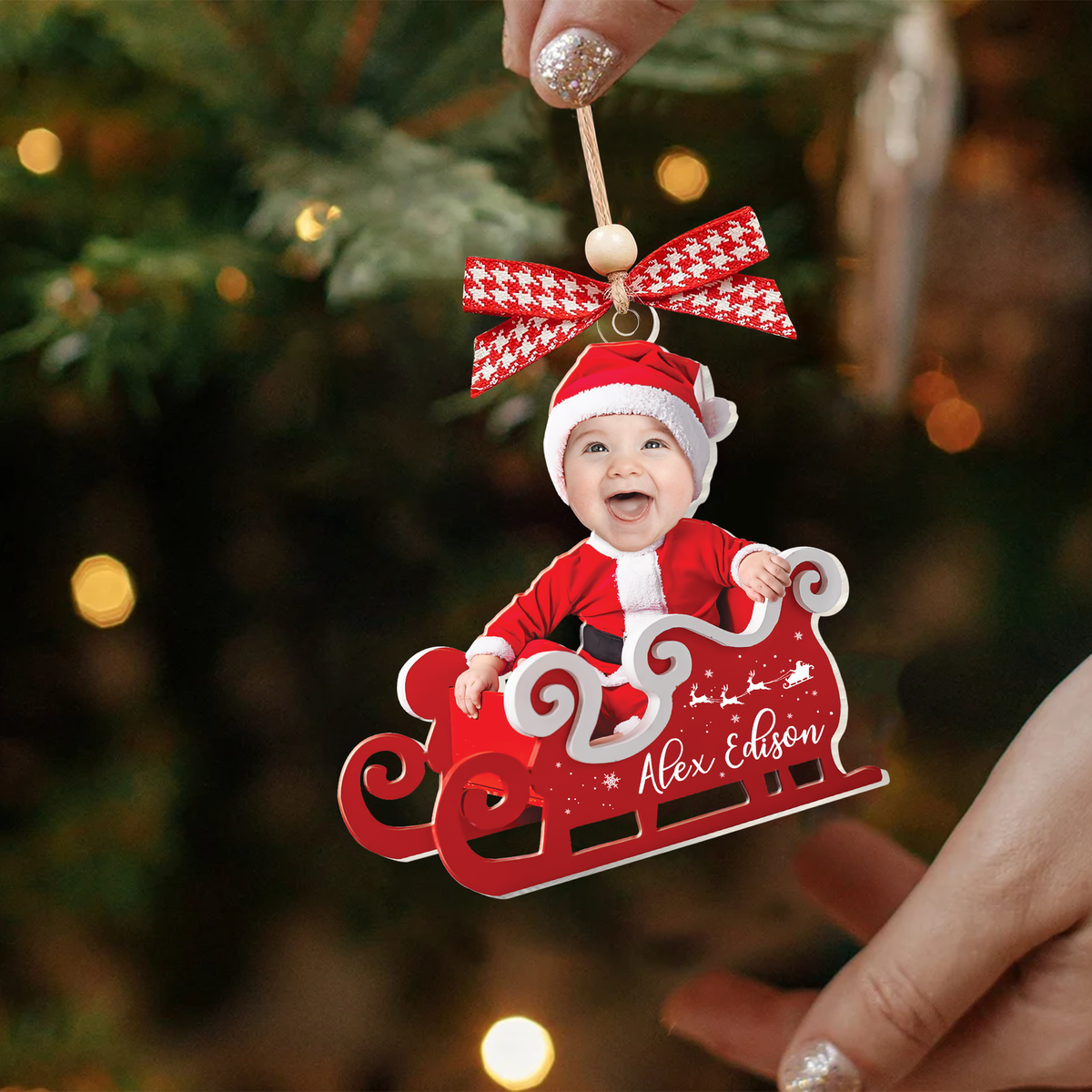 Personalized Baby in Sleigh Photo Ornaments, Adorable Newborn Baby Face Ornament CF612 - Kindlytoys