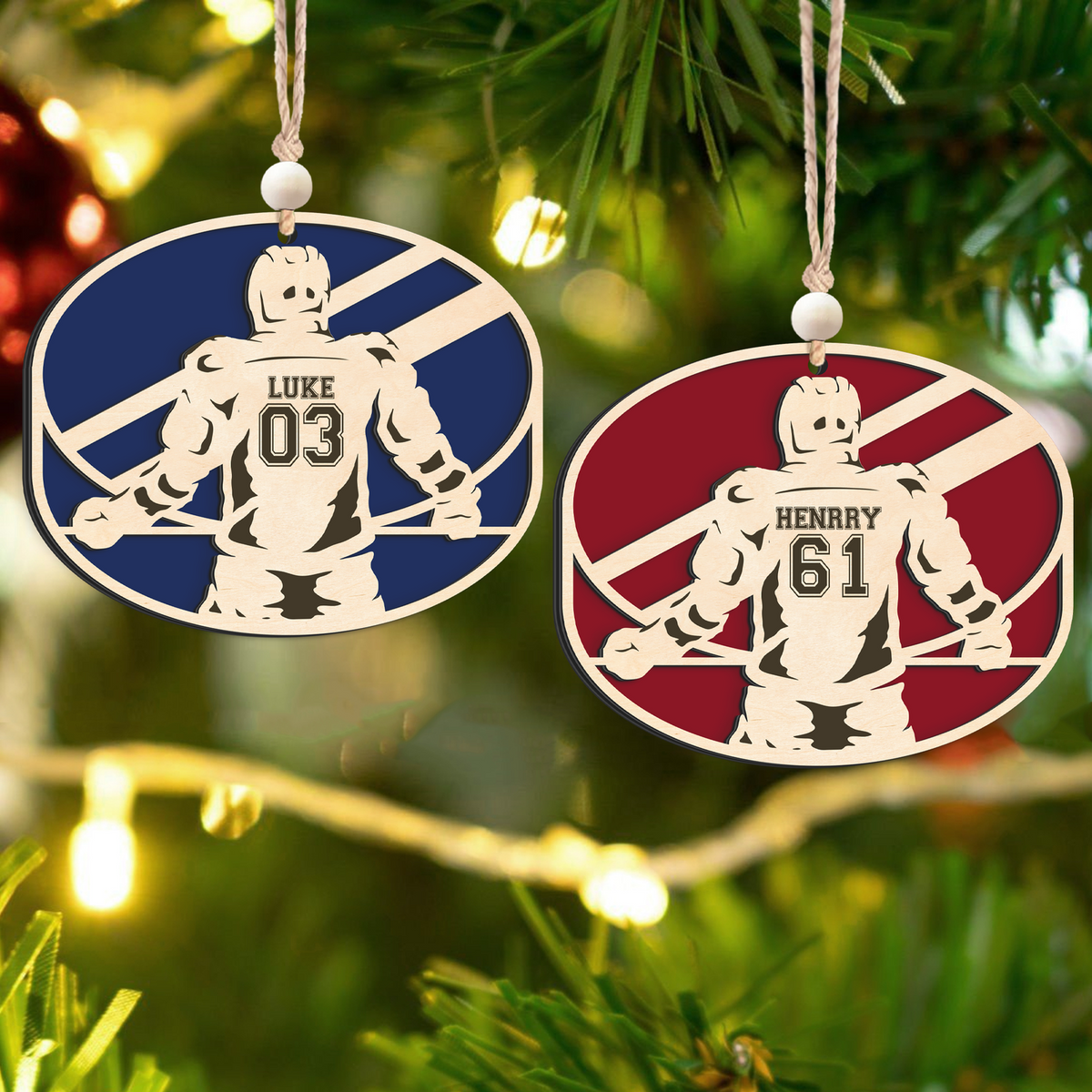 Personalized Hockey 2 Layered Wooden Ornament, Custom Name Number Hockey Player Christmas Ornament, CF929 - Kindlytoys