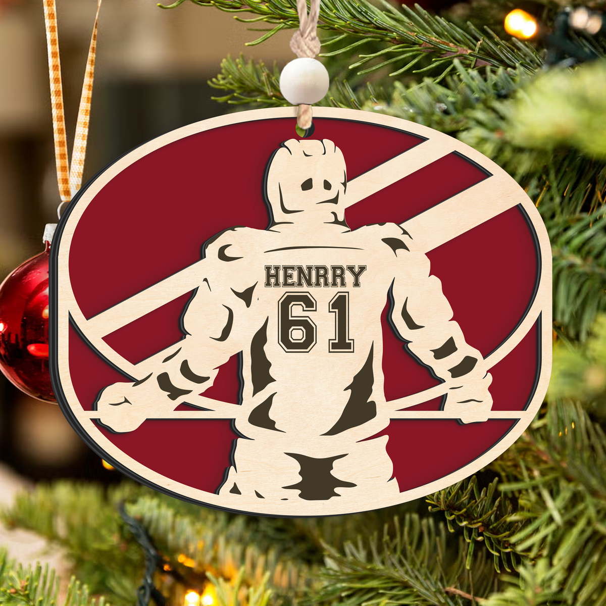 Personalized Hockey 2 Layered Wooden Ornament, Custom Name Number Hockey Player Christmas Ornament, CF929 - Kindlytoys