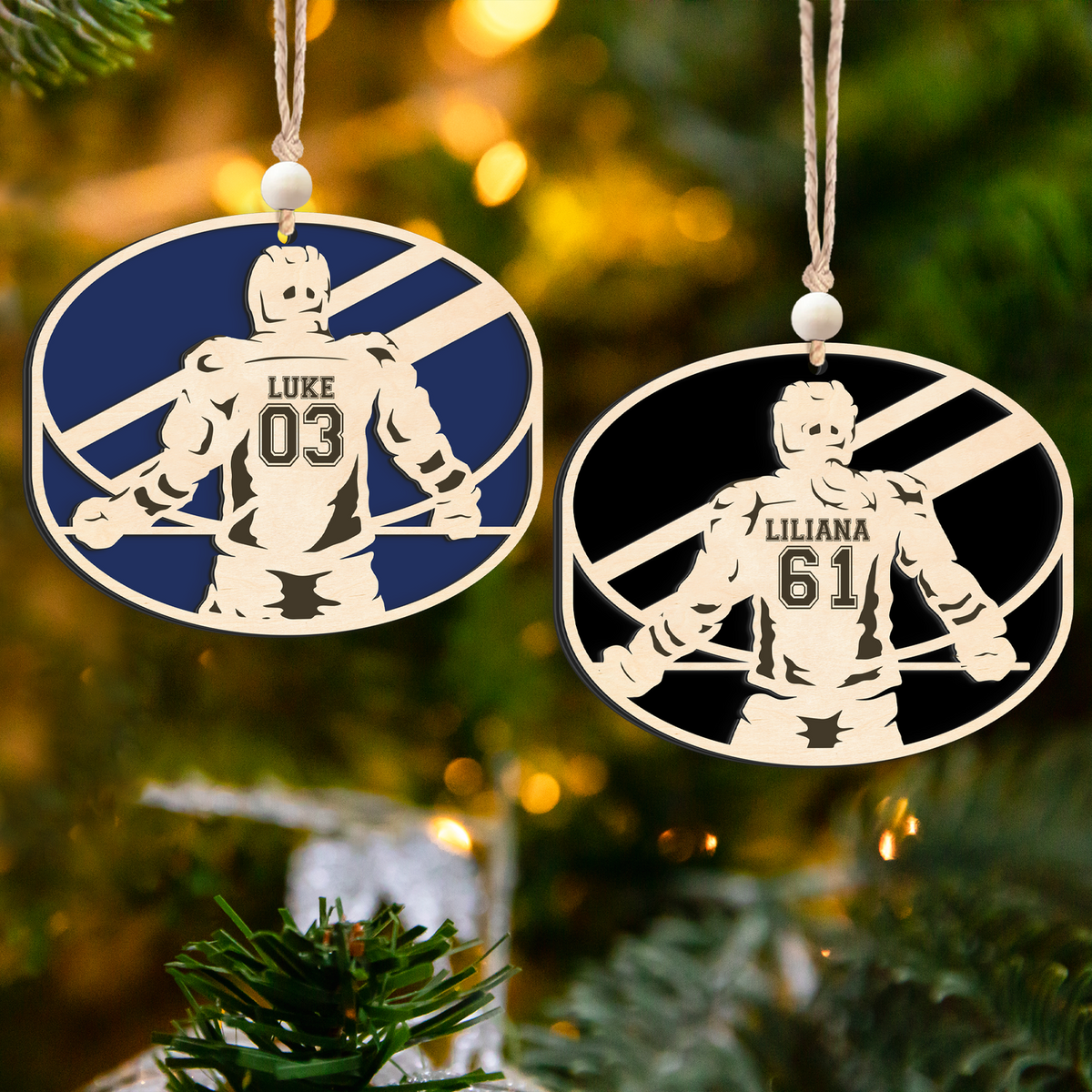 Personalized Hockey 2 Layered Wooden Ornament, Custom Name Number Hockey Player Christmas Ornament, CF929 - Kindlytoys