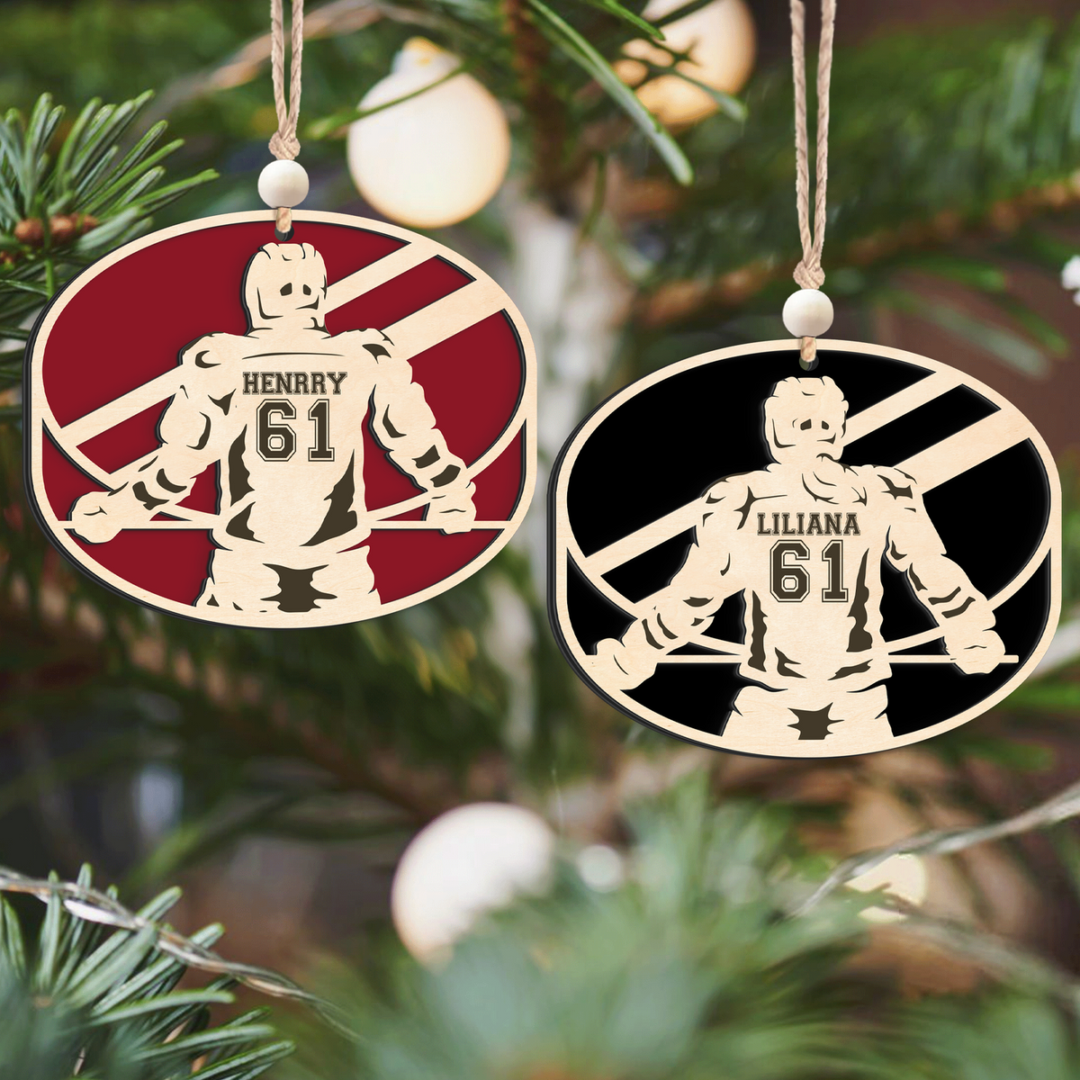 Personalized Hockey 2 Layered Wooden Ornament, Custom Name Number Hockey Player Christmas Ornament, CF929 - Kindlytoys