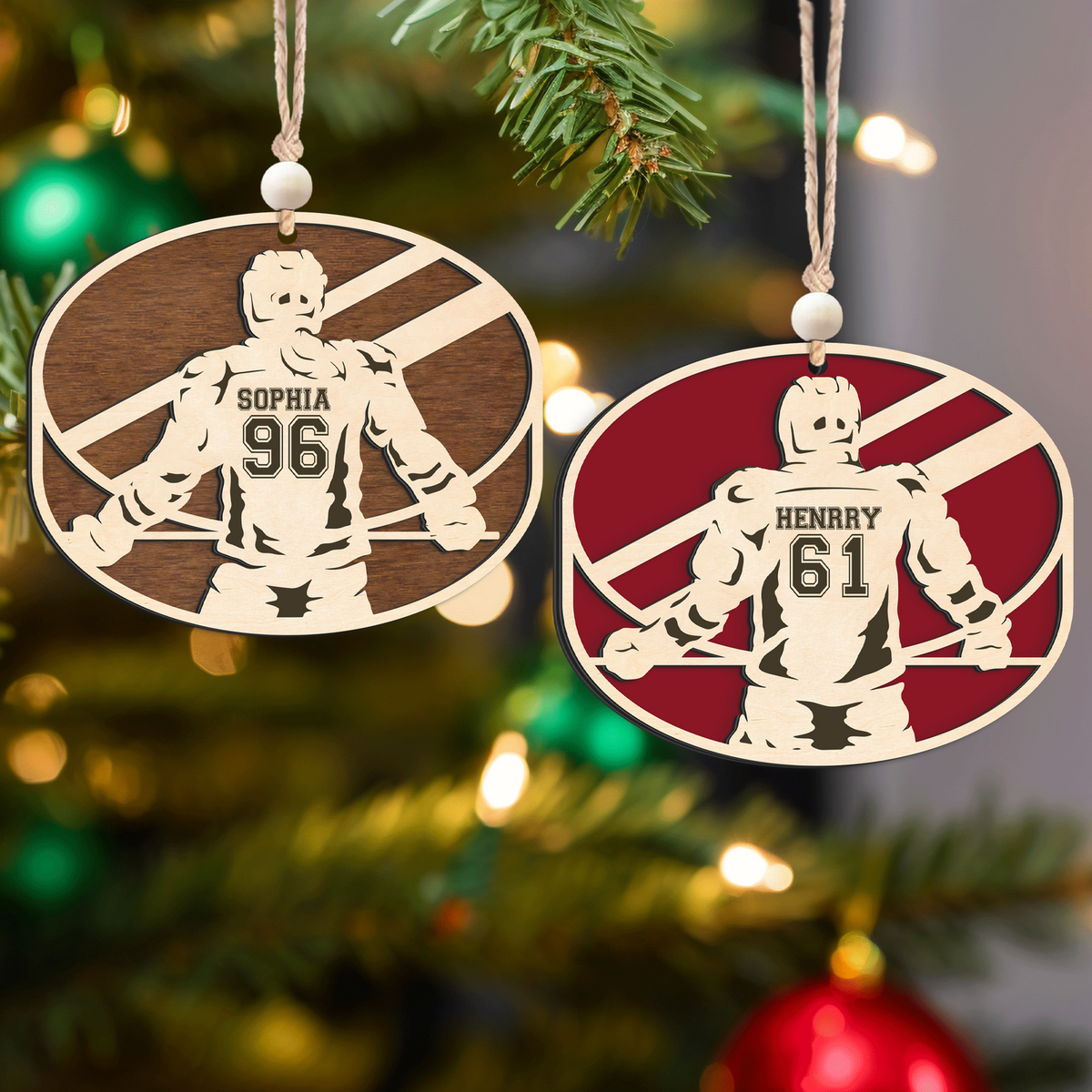 Personalized Hockey 2 Layered Wooden Ornament, Custom Name Number Hockey Player Christmas Ornament, CF929 - Kindlytoys