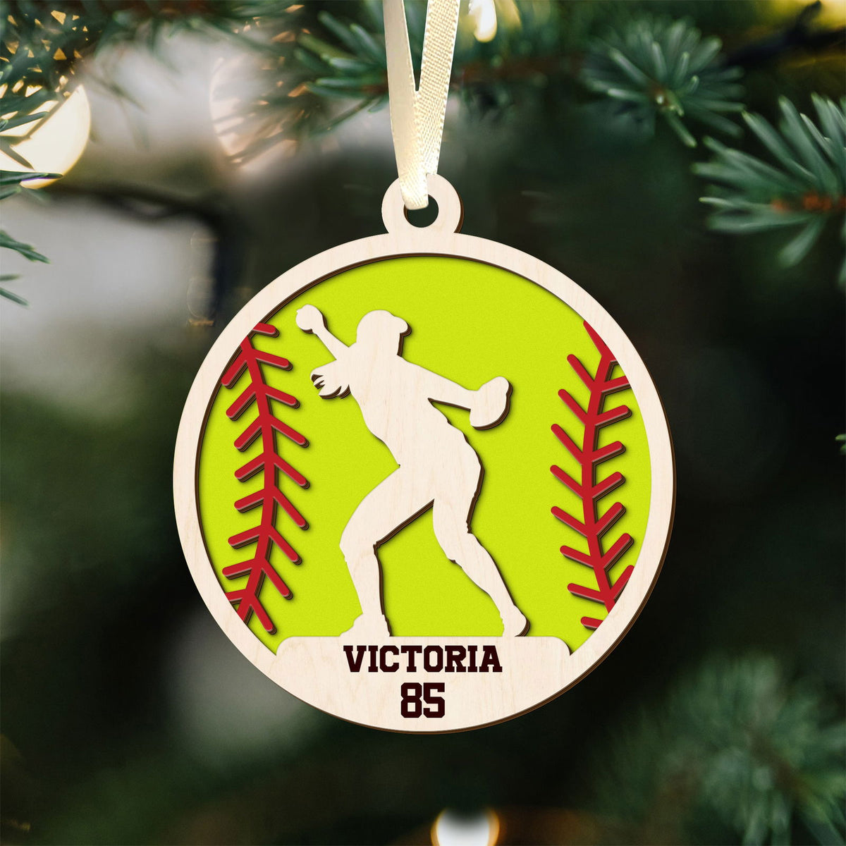 Personalized Softball Ornament, Custom Softball Wood Ornament 2 Layered CF425 - Kindlytoys