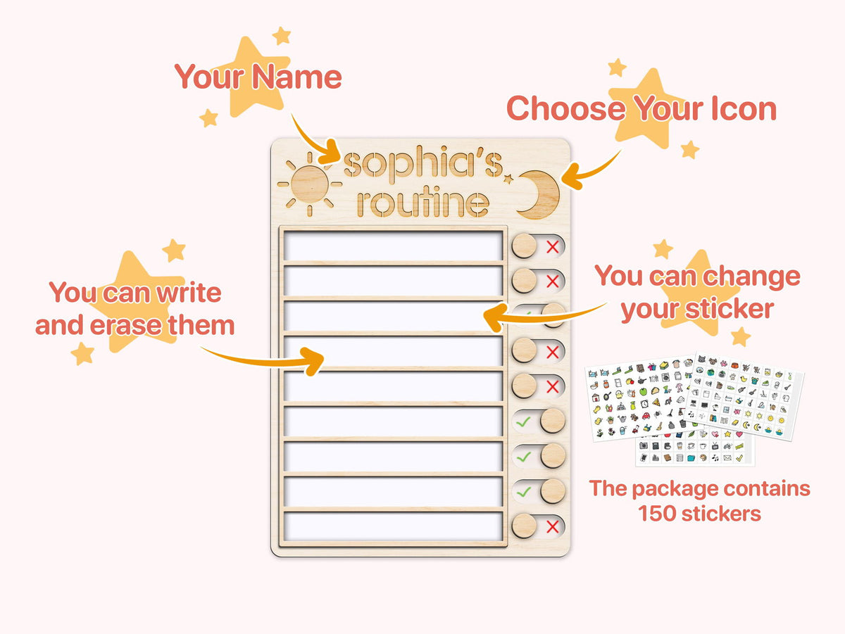 Wooden Routine Chart with 150+ Stickers, Morning and Bedtime Chore Chart PR01 - Kindlytoys