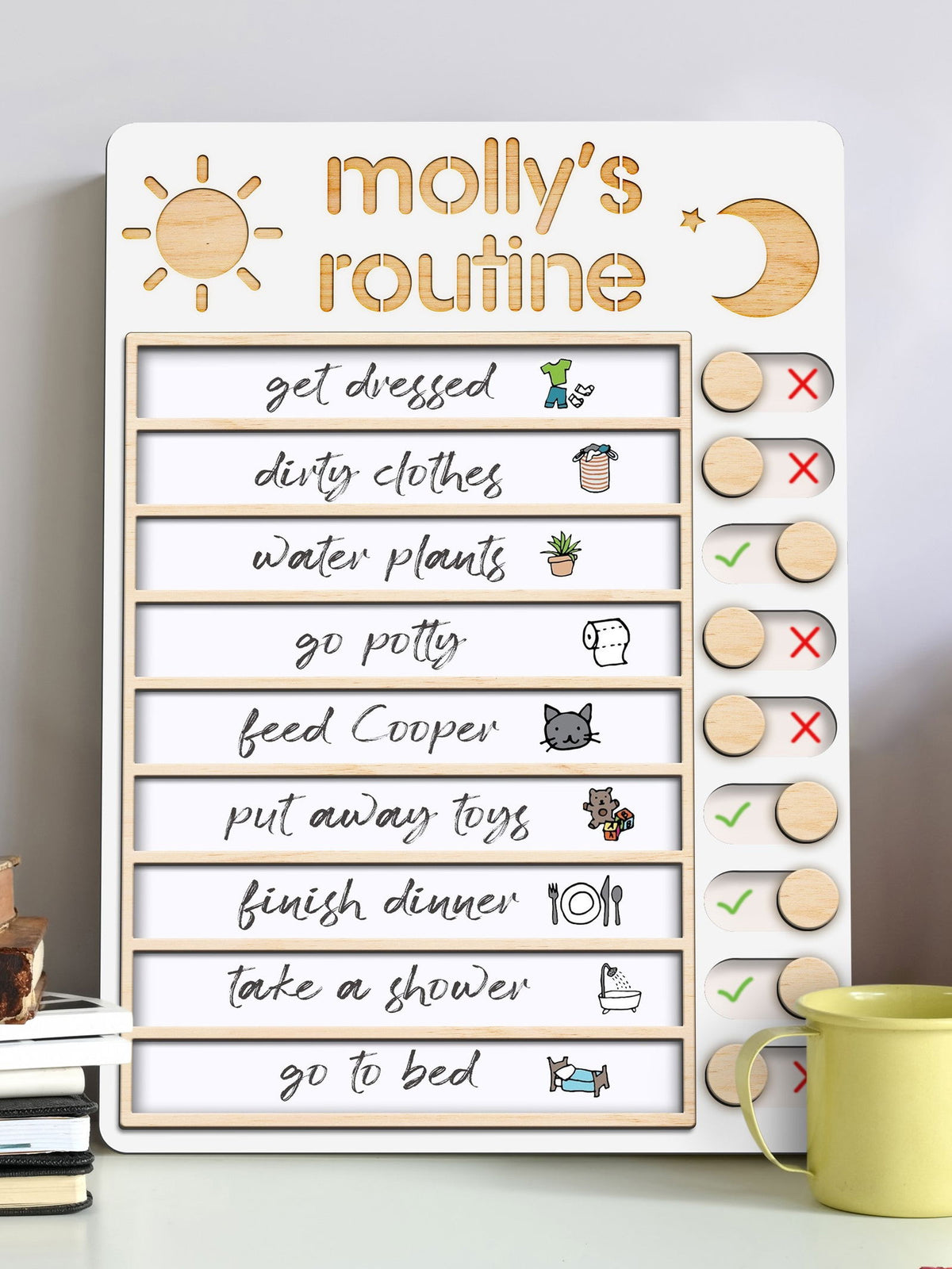 Wooden Routine Chart with 150+ Stickers, Morning and Bedtime Chore Chart PR01 - Kindlytoys