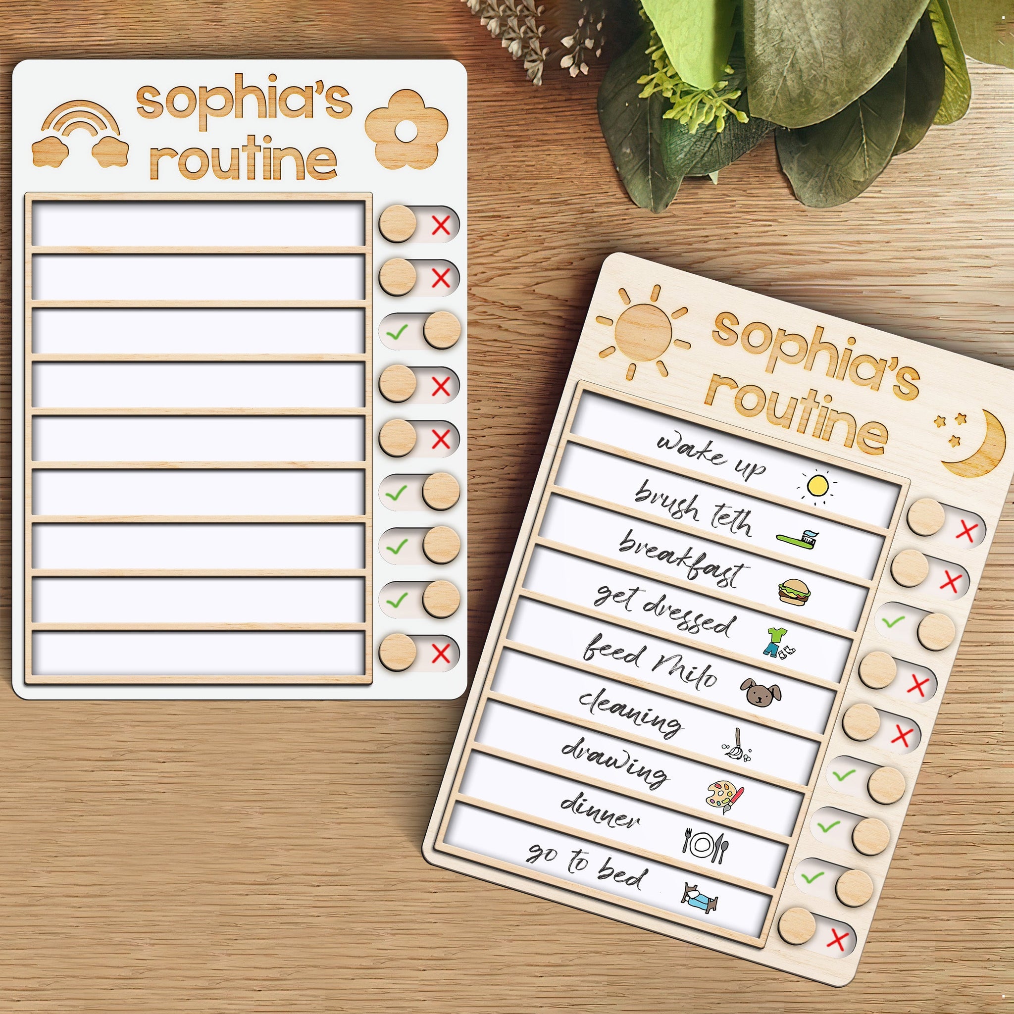 Wooden Routine Chart with 150+ Stickers, Morning and Bedtime Chore Chart PR01