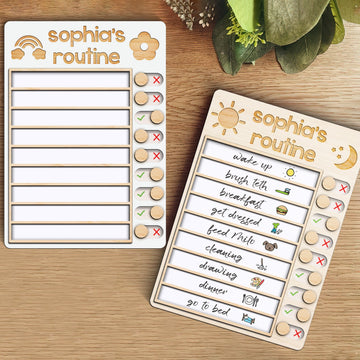 Wooden Routine Chart with 150+ Stickers, Morning and Bedtime Chore Chart PR01