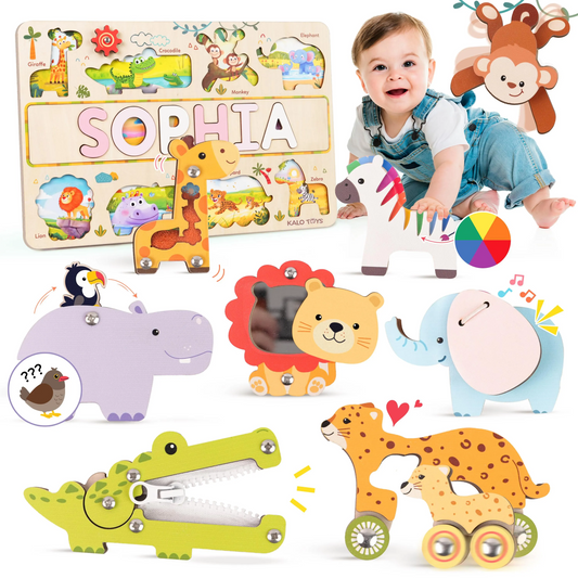 Personalized Safari Name Puzzle Busy Board, Montessori Wooden Toys - Made in USA - Fast shipping NP58