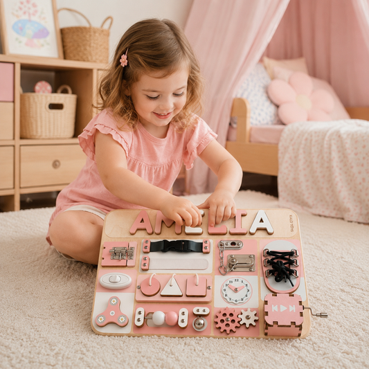 Personalized Wooden Busy Board with Name Puzzle for Toddlers - Montessori Sensory Activity Board -First Birthday Gift for Boys & Girls BB56