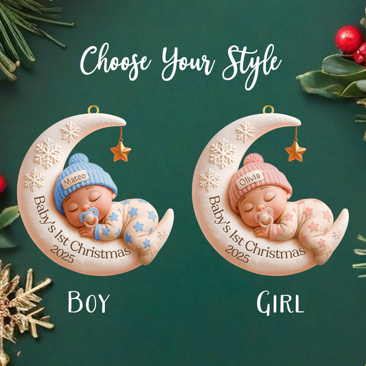 Custom Baby First Christmas Ornament, Moon Sleeping Design, Personalized Acrylic Keepsake, Unique Newborn Gift, Holiday Tree Decoration