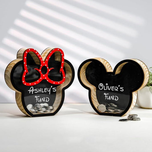 Personalized Mickey And Minnie Piggy Bank, See-Through Design, My First Piggy Bank For Boys & Girls - KindlyToys