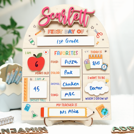 Personalized children's first day of school sign with name 'Scarlett' and various educational elements.